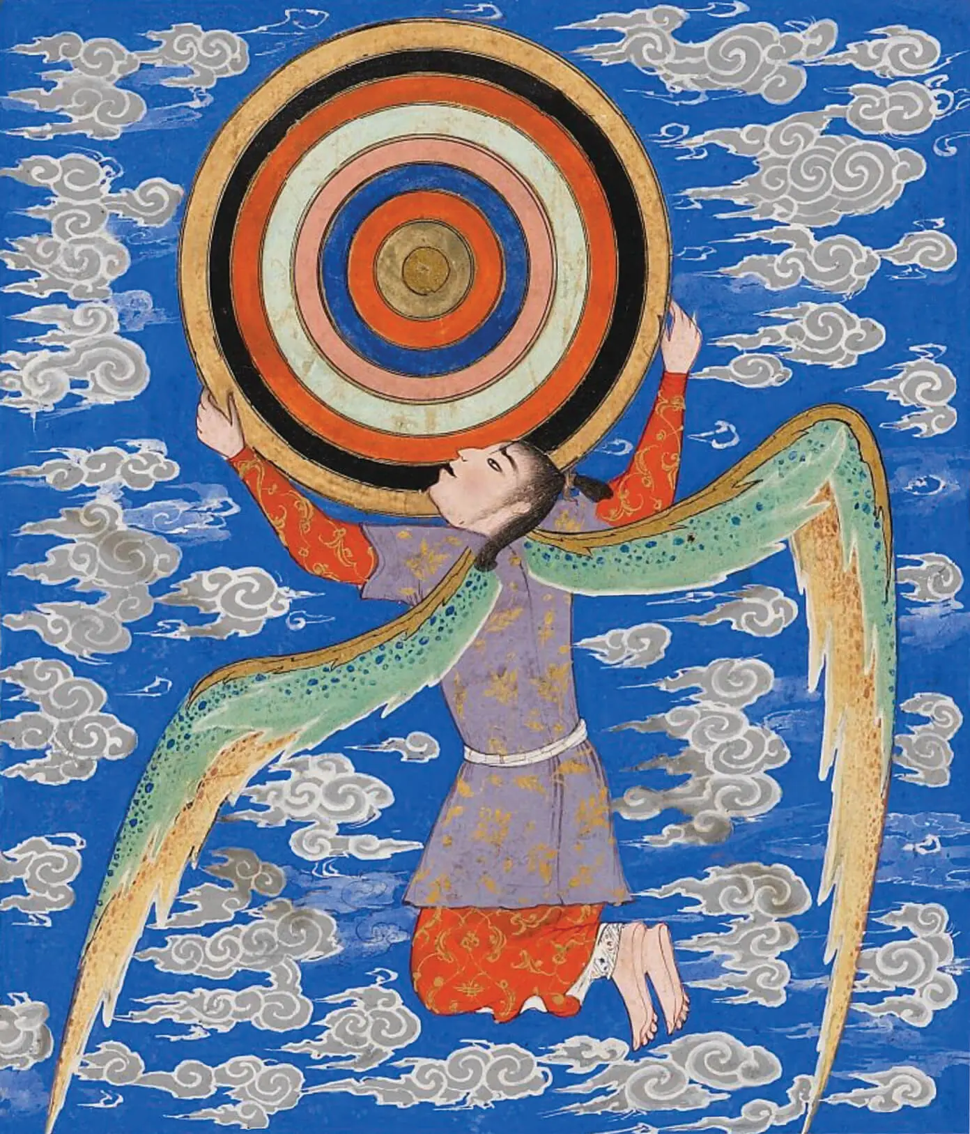 The angel Ruh carrying the universe on curly clouds — from Wonders of Creation and the Oddities of Existence by Zakariya Qazwini, Western Iran, 16th century, Ashmolean Museum Oxford