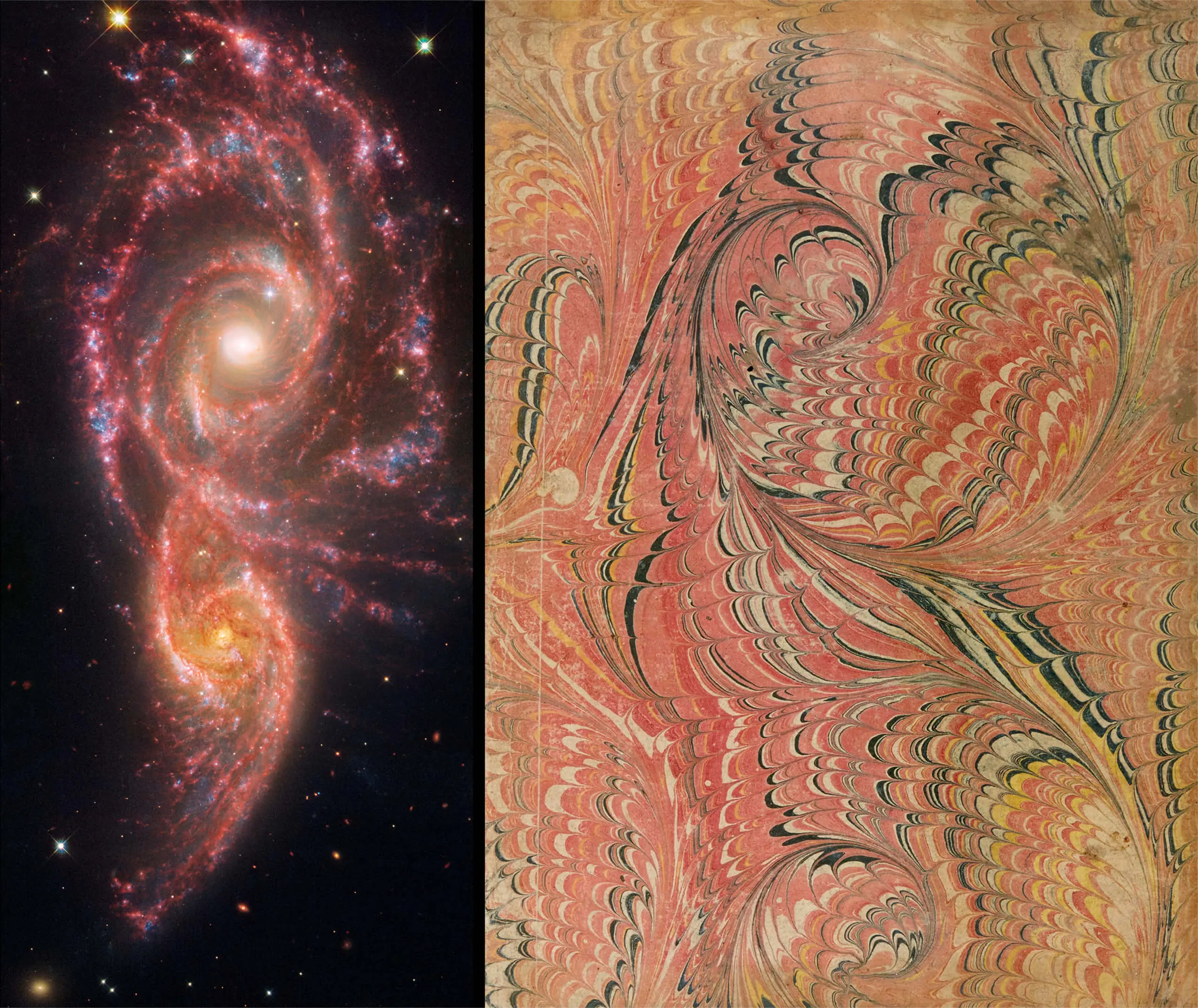 Diptych: collision of spiral galaxies IC 2163 and NGC 2207 by James Webb and Hubble telescopes alongside marbled flyleaf from Ulugh Beg's Zij-i Gürkani, 17th century Ottoman copy, BNF Persan 164