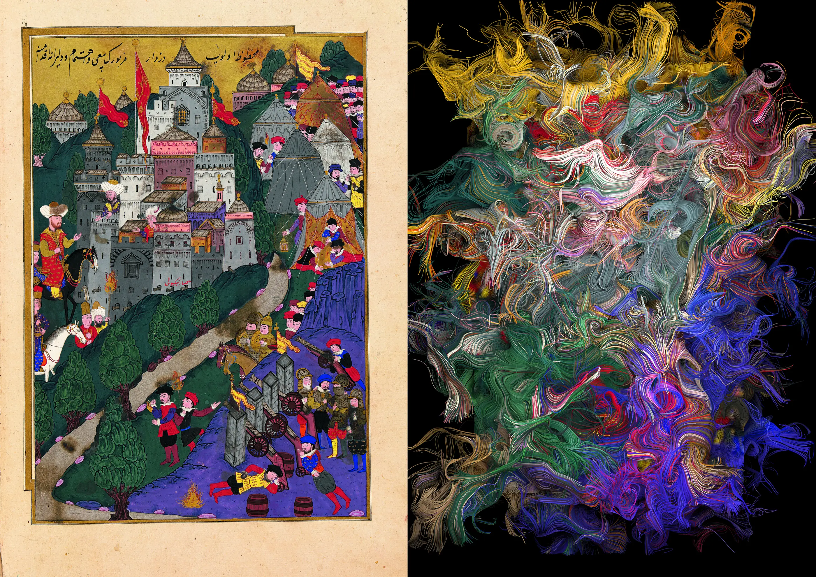 Pigment radiation in Nicopolis — algorithmic particle transformation of the Battle of Nicopolis miniature, Hünernâme I, Constantinople 1584, Mete Kutlu, 2022