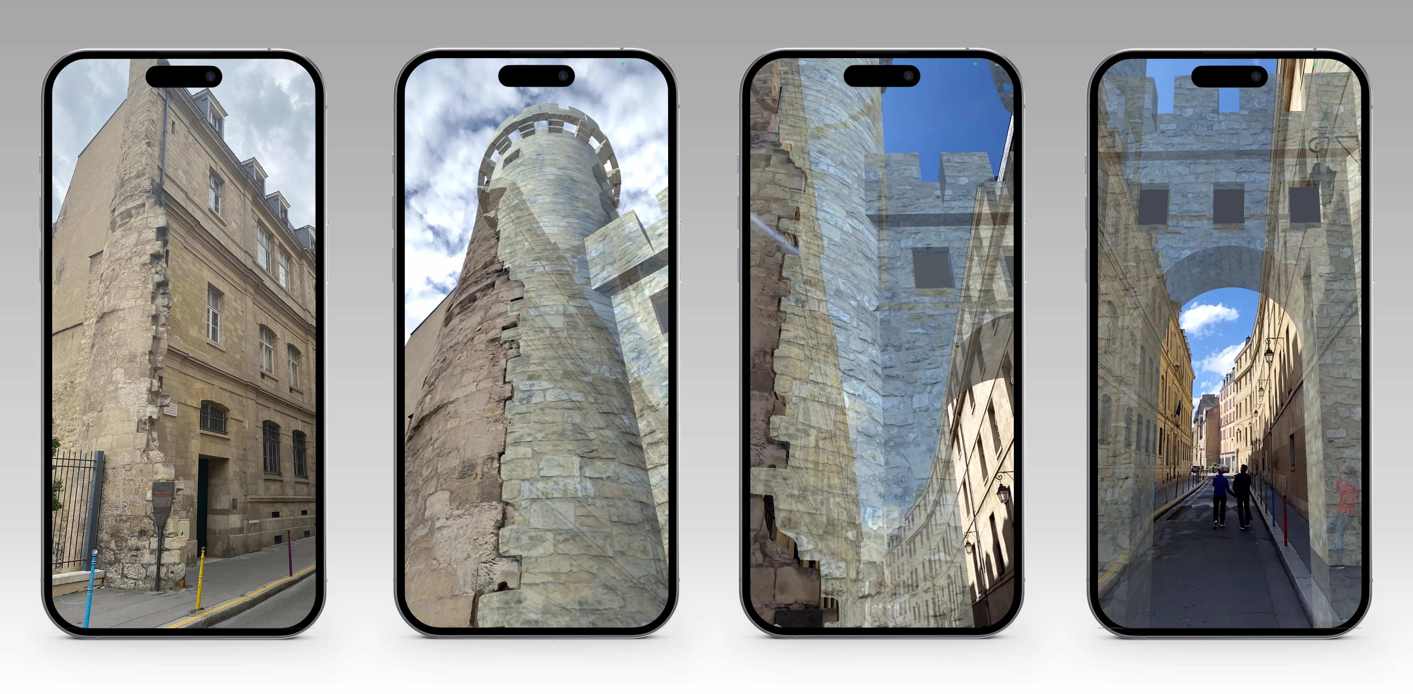 Augmented reality reconstruction of the Montgomery Tower, Wall of Philippe Augustus, Saint-Paul, Paris — virtual medieval gate anchored over surviving masonry. Designed by Mete Kutlu, 2022