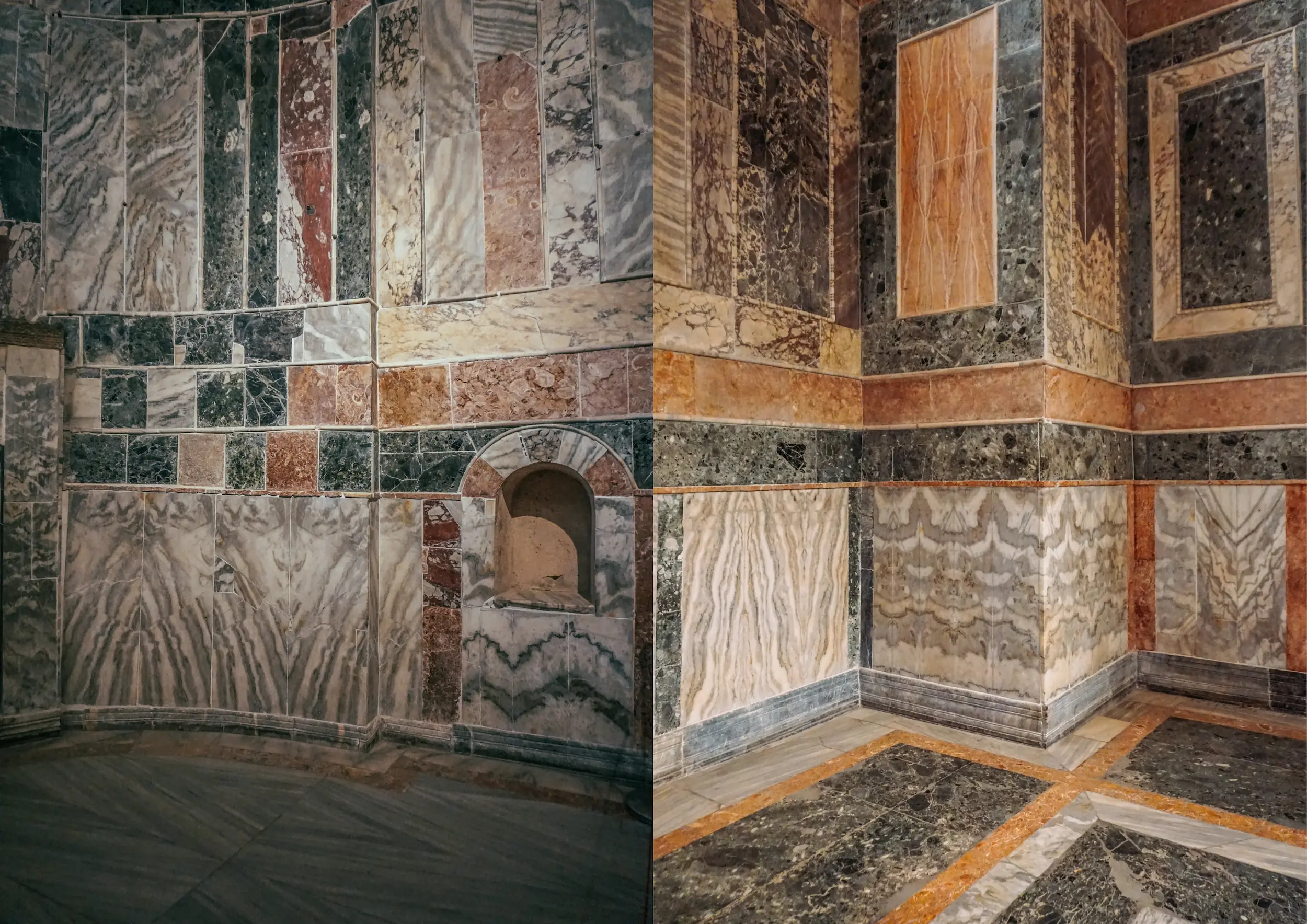 Veined marble cladding simulating celestial oceans — Church of Saint Saviour in Chora, Byzantine Constantinople, 1321. Two assembled photographs by Mete Kutlu, 2020