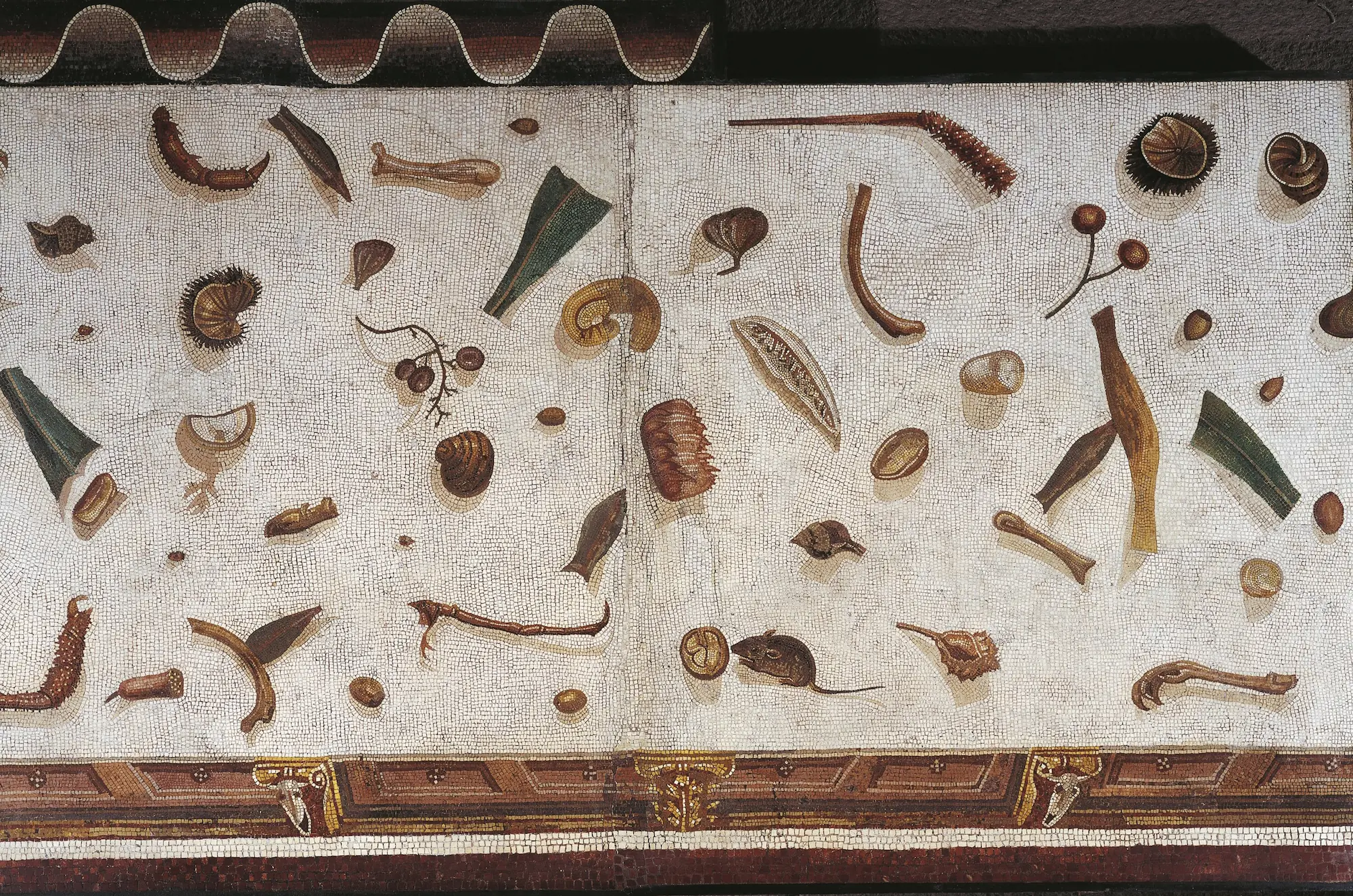 Unswept Floor Mosaic (asarotos oikos), Roman triclinium, Aquileia, Italy, 3rd-4th century CE — tesserae depicting scattered food scraps with a mouse. Museo Gregoriano Profano, Vatican Museums