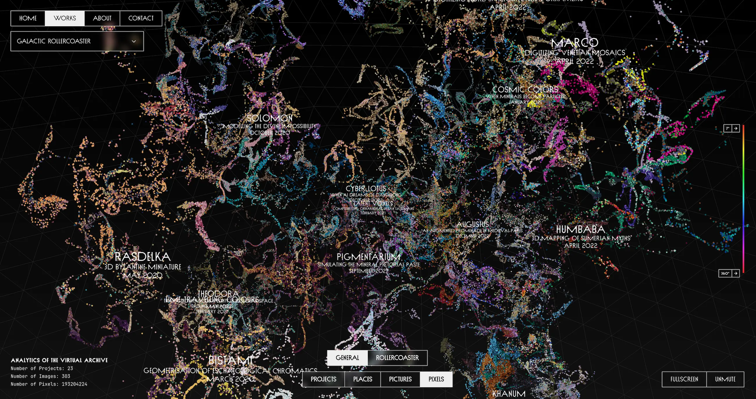 Dream Pixels online archive interface — immersive digital environment translating six years of research into a particle-simulated cloud of pixels, designed as a latent space for the age of AI. Designed by Mete Kutlu and Emilien Francois, 2023