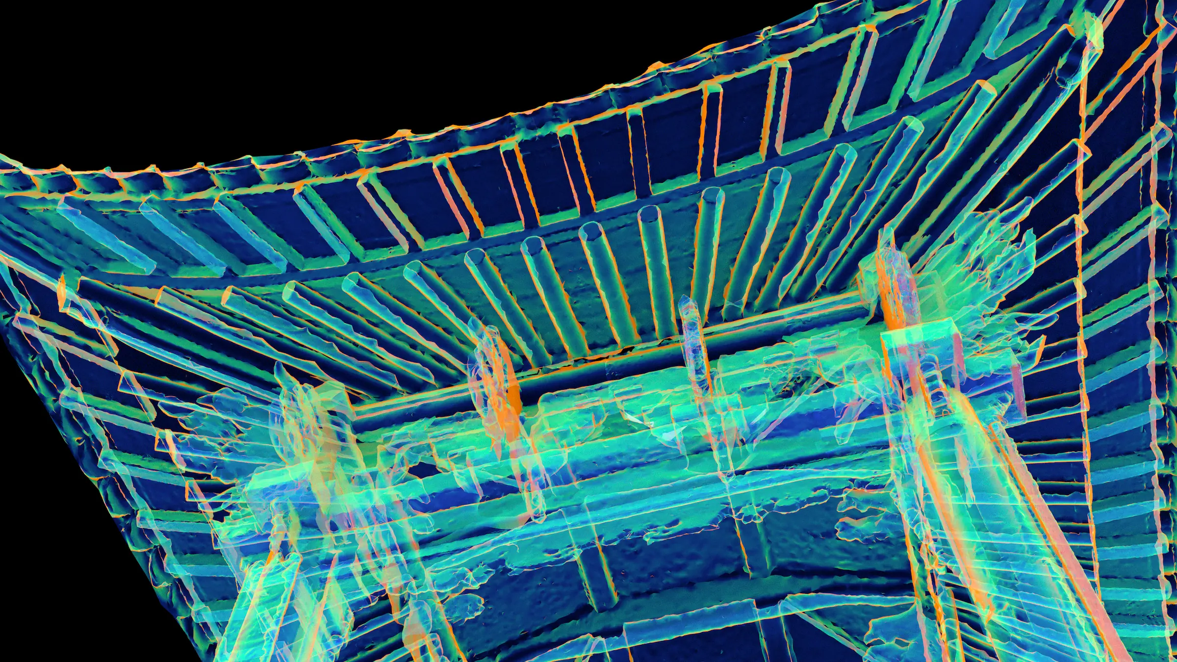 Depth visualization of the 3D scan — bell pavilion (punggyeongru) of Jingwansa Temple, Mount Bukhansan, Seoul, showing surface geometry and structural depth of the dancheong bracket system. Scan by Mete Kutlu, 2023