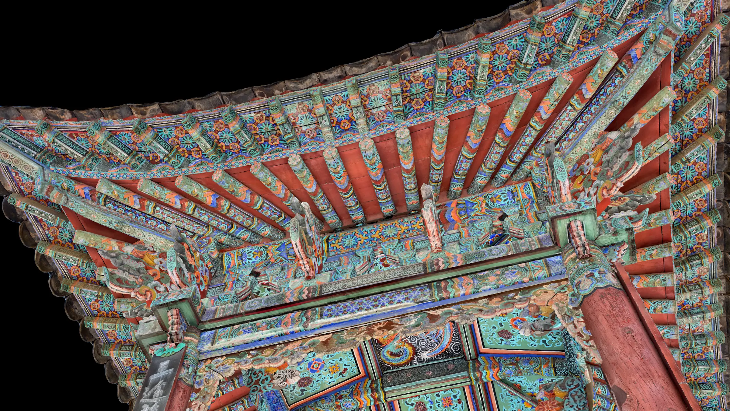 Photorealistic texture of the 3D scan — bell pavilion (punggyeongru) of Jingwansa Temple, Mount Bukhansan, Seoul, South Korea. Dancheong painted bracket clusters in the dapo style, Goryeo dynasty, founded 1010. Scan by Mete Kutlu, 2023